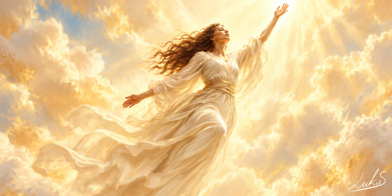 A woman in white rising through luminous golden clouds